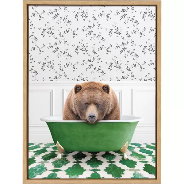 Kate and Laurel Sylvie Big Bear In Eclectic Green Bath Framed Canvas Wall Art by Amy Peterson Art Studio 18x24 Natural Whimsical Animal Art for WallNatural