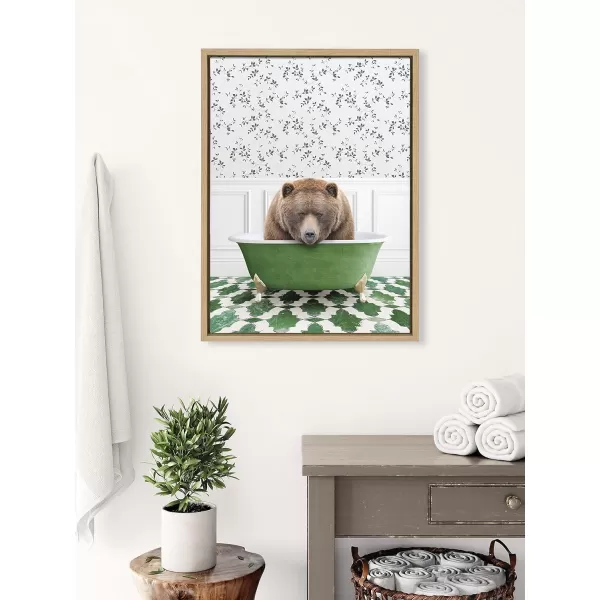 Kate and Laurel Sylvie Big Bear In Eclectic Green Bath Framed Canvas Wall Art by Amy Peterson Art Studio 18x24 Natural Whimsical Animal Art for WallNatural