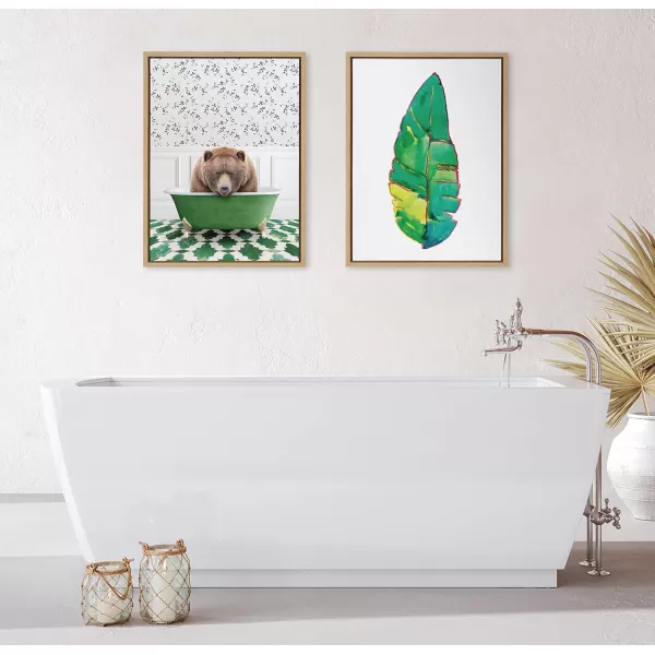 Kate and Laurel Sylvie Big Bear In Eclectic Green Bath Framed Canvas Wall Art by Amy Peterson Art Studio 18x24 Natural Whimsical Animal Art for WallNatural