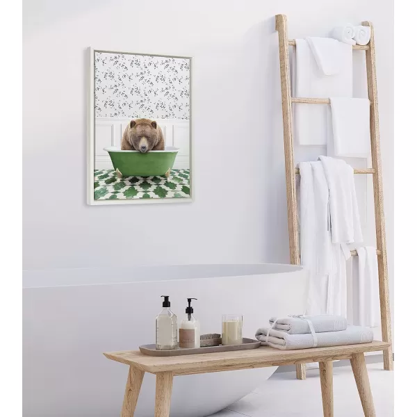 Kate and Laurel Sylvie Big Bear In Eclectic Green Bath Framed Canvas Wall Art by Amy Peterson Art Studio 18x24 Natural Whimsical Animal Art for WallWhite