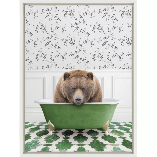 Kate and Laurel Sylvie Big Bear In Eclectic Green Bath Framed Canvas Wall Art by Amy Peterson Art Studio 18x24 Natural Whimsical Animal Art for WallWhite