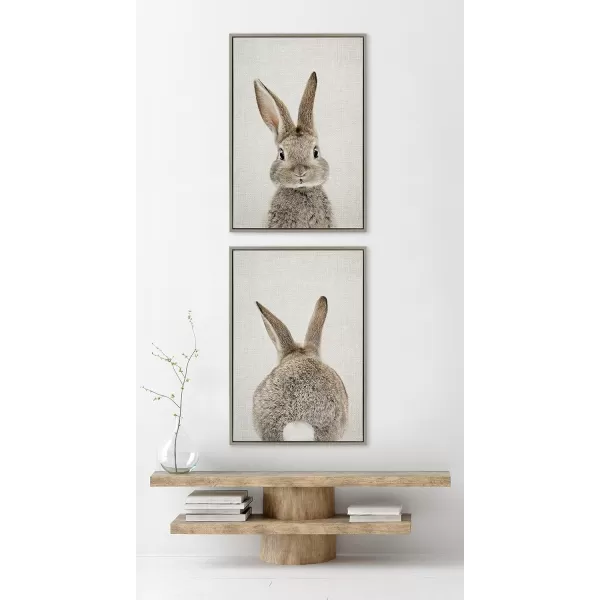 Kate and Laurel Sylvie Bunny Portrait on Linen and Bunny Tail on Linen Framed Canvas Wall Art Set by Amy Peterson Art Studio 2 Piece 23x33 Bright Gold Cute Animal Art for WallGray