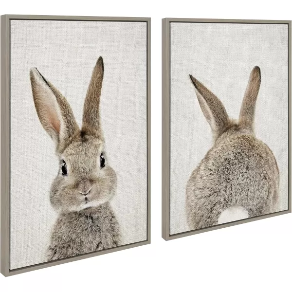 Kate and Laurel Sylvie Bunny Portrait on Linen and Bunny Tail on Linen Framed Canvas Wall Art Set by Amy Peterson Art Studio 2 Piece 23x33 Bright Gold Cute Animal Art for WallGray