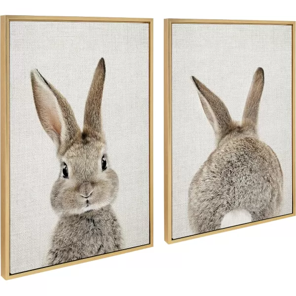 Kate and Laurel Sylvie Bunny Portrait on Linen and Bunny Tail on Linen Framed Canvas Wall Art Set by Amy Peterson Art Studio 2 Piece 23x33 Bright Gold Cute Animal Art for WallGold