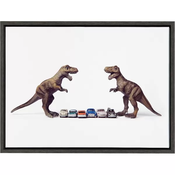 Kate and Laurel Sylvie Dino Cars Faceoff Framed Canvas Wall Art by Saint and Sailor Studios 18x24 Natural Modern Colorful Car Toys Art for WallGray