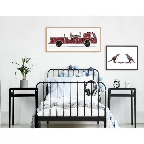 Kate and Laurel Sylvie Dino Cars Faceoff Framed Canvas Wall Art by Saint and Sailor Studios 18x24 Natural Modern Colorful Car Toys Art for WallGray