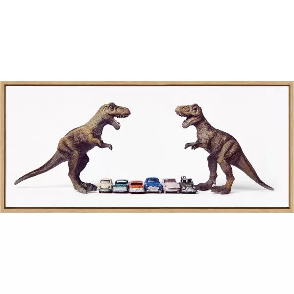 Kate and Laurel Sylvie Dino Cars Faceoff Framed Canvas Wall Art by Saint and Sailor Studios 18x24 Natural Modern Colorful Car Toys Art for WallNatural