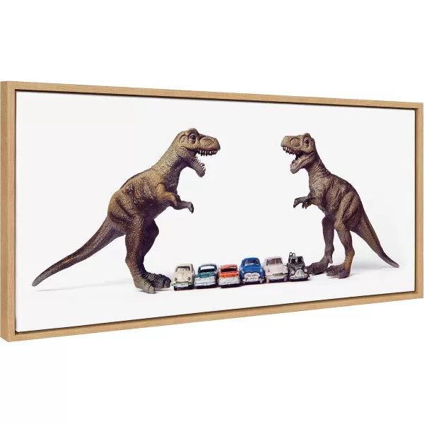 Kate and Laurel Sylvie Dino Cars Faceoff Framed Canvas Wall Art by Saint and Sailor Studios 18x24 Natural Modern Colorful Car Toys Art for WallNatural