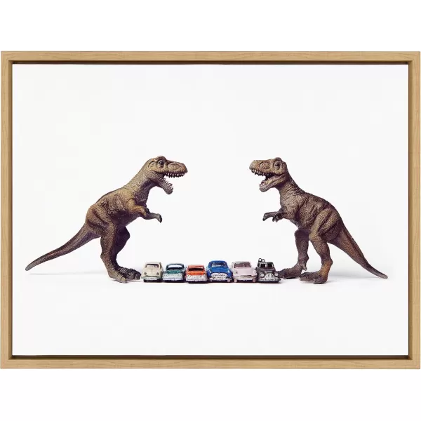Kate and Laurel Sylvie Dino Cars Faceoff Framed Canvas Wall Art by Saint and Sailor Studios 18x24 Natural Modern Colorful Car Toys Art for WallNatural