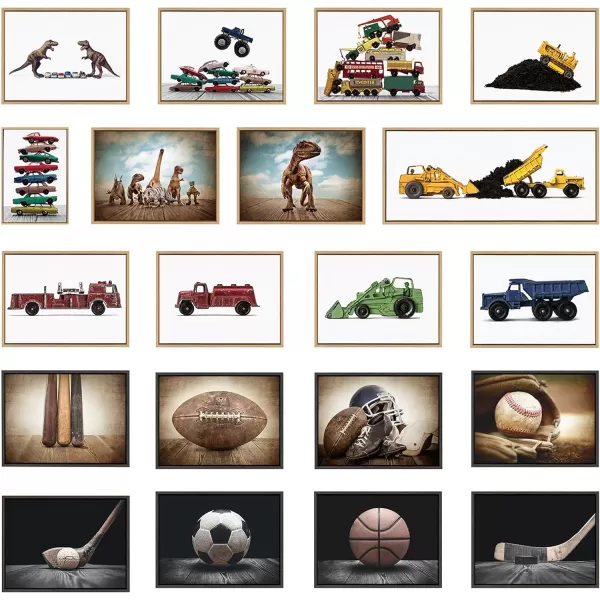 Kate and Laurel Sylvie Dino Cars Faceoff Framed Canvas Wall Art by Saint and Sailor Studios 18x24 Natural Modern Colorful Car Toys Art for WallNatural