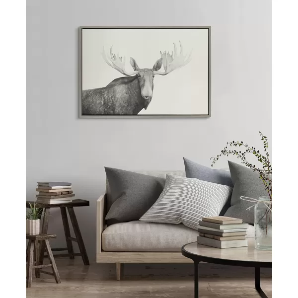 Kate and Laurel Sylvie Moose 2 crop BW Framed Linen Textured Canvas Wall Art by Emiko and Mark Franzen of F2Images 23x33 Natural Decorative Forest Animal Art for WallGray