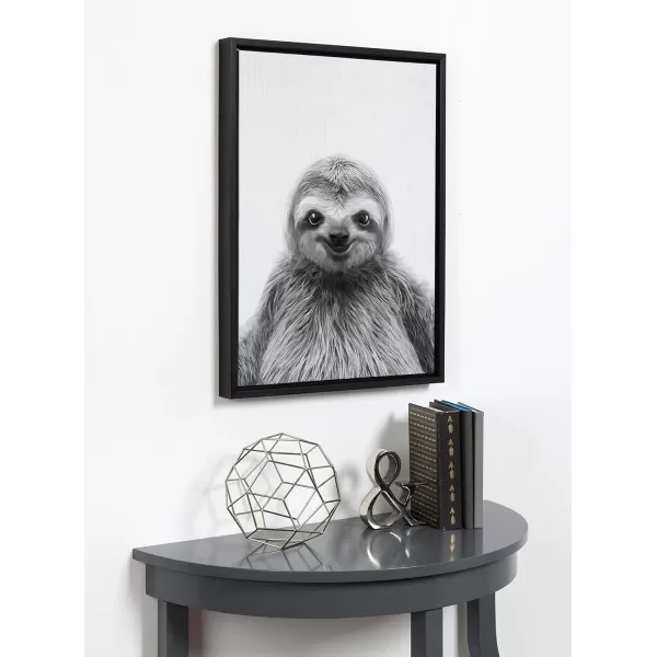 Kate and Laurel Sylvie Sloth Animal Print Black and White Portrait Framed Canvas Wall Art by Simon Te Tai 23x33 NaturalBlack