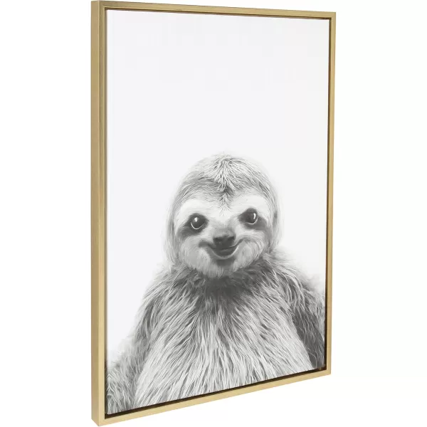 Kate and Laurel Sylvie Sloth Animal Print Black and White Portrait Framed Canvas Wall Art by Simon Te Tai 23x33 NaturalGold