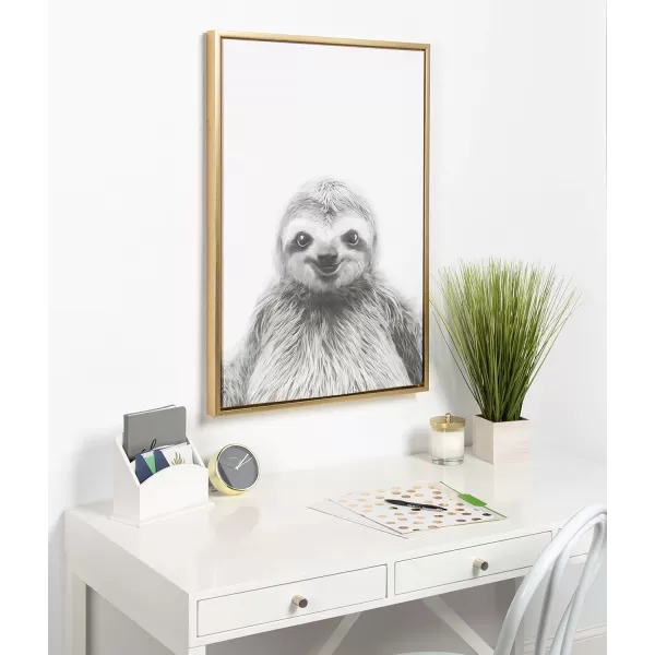 Kate and Laurel Sylvie Sloth Animal Print Black and White Portrait Framed Canvas Wall Art by Simon Te Tai 23x33 NaturalGold