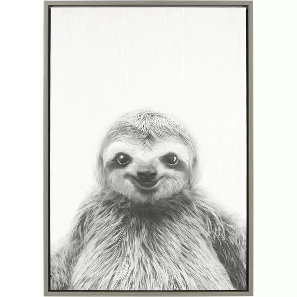 Kate and Laurel Sylvie Sloth Animal Print Black and White Portrait Framed Canvas Wall Art by Simon Te Tai 23x33 NaturalGrey