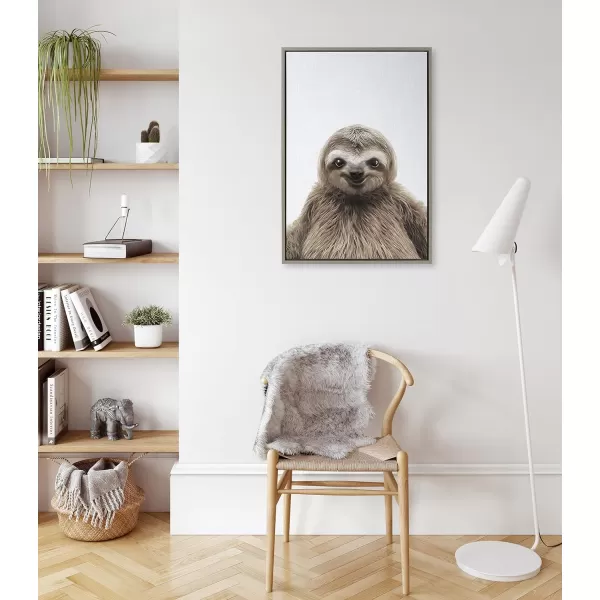Kate and Laurel Sylvie Sloth Color Framed Canvas Wall Art by Simon Te of Tai Prints 23x33 Gray Modern Cute Animal Portrait for Wall DecorGray