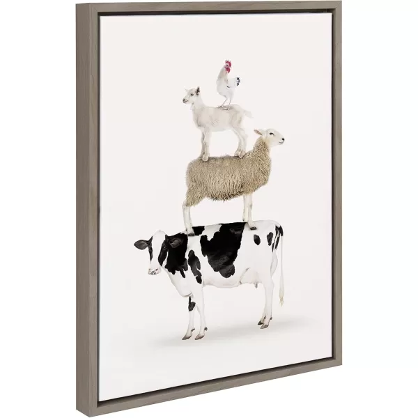 Kate and Laurel Sylvie Stacked Farm Animals Framed Canvas Wall Art by Amy Peterson 18x24 Gray Funny Farm Animal Wall Decor