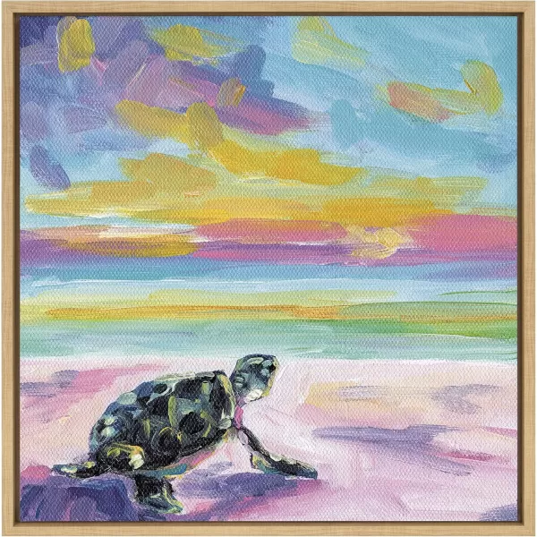 Kate and Laurel Sylvie Sunset Sea Turtle Framed Canvas Wall Art by Rachel Christopoulos 22x22 Natural Beautiful Animal Abstract Wall DcorNatural