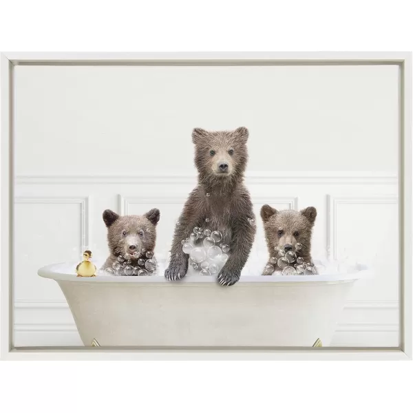 Kate and Laurel Sylvie Three Bears In Bubble Bath Neutral Style Framed Canvas Wall Art by Amy Peterson Art Studio 18x24 Natural Adorable Woodland Animal Art for WallWhite