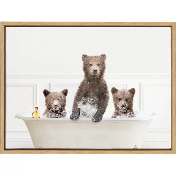 Kate and Laurel Sylvie Three Bears In Bubble Bath Neutral Style Framed Canvas Wall Art by Amy Peterson Art Studio 18x24 Natural Adorable Woodland Animal Art for WallNatural