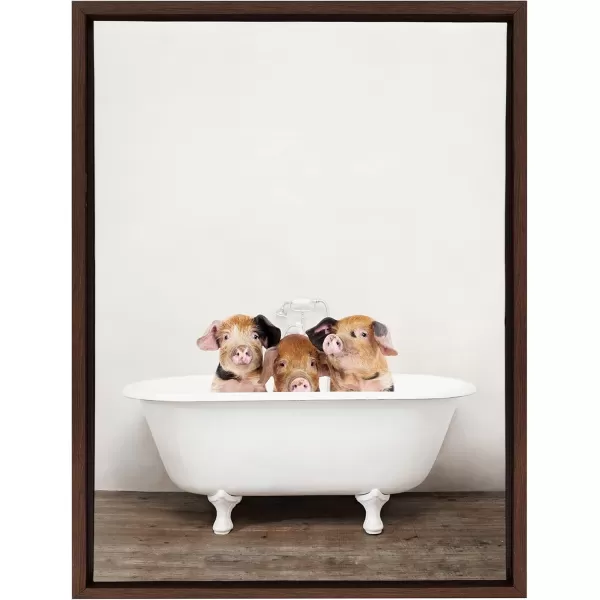 Kate and Laurel Sylvie Three Little Pigs in Vintage Bathtub Framed Canvas Wall Art by Amy Peterson 18x24 Natural Baby Animal Art for WallBrown