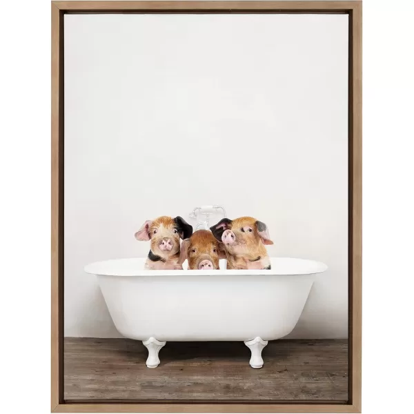 Kate and Laurel Sylvie Three Little Pigs in Vintage Bathtub Framed Canvas Wall Art by Amy Peterson 18x24 Natural Baby Animal Art for WallGold