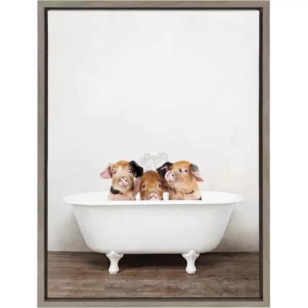 Kate and Laurel Sylvie Three Little Pigs in Vintage Bathtub Framed Canvas Wall Art by Amy Peterson 18x24 Natural Baby Animal Art for WallGray