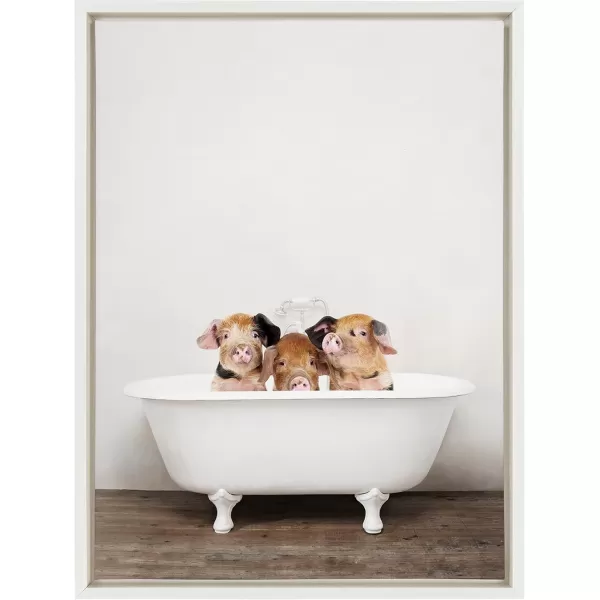 Kate and Laurel Sylvie Three Little Pigs in Vintage Bathtub Framed Canvas Wall Art by Amy Peterson 18x24 Natural Baby Animal Art for WallWhite