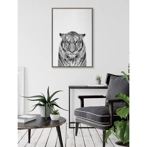 Kate and Laurel Sylvie Tiger Black and White Portrait Framed Canvas Wall Art by Simon Te Tai 18x24 GrayGray