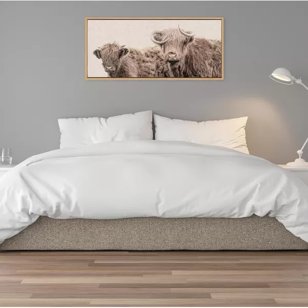 Kate and Laurel Sylvie Two Highland Cow Best Friends Color Neutral Linen Bright Framed Canvas Wall Art by The Creative Bunch Studio 18x40 Natural Wide Farm Animal Portrait Art for WallNatural