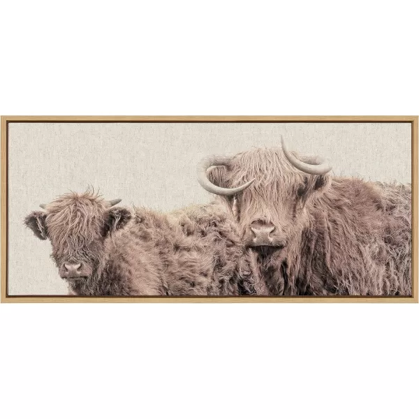 Kate and Laurel Sylvie Two Highland Cow Best Friends Color Neutral Linen Bright Framed Canvas Wall Art by The Creative Bunch Studio 18x40 Natural Wide Farm Animal Portrait Art for WallNatural