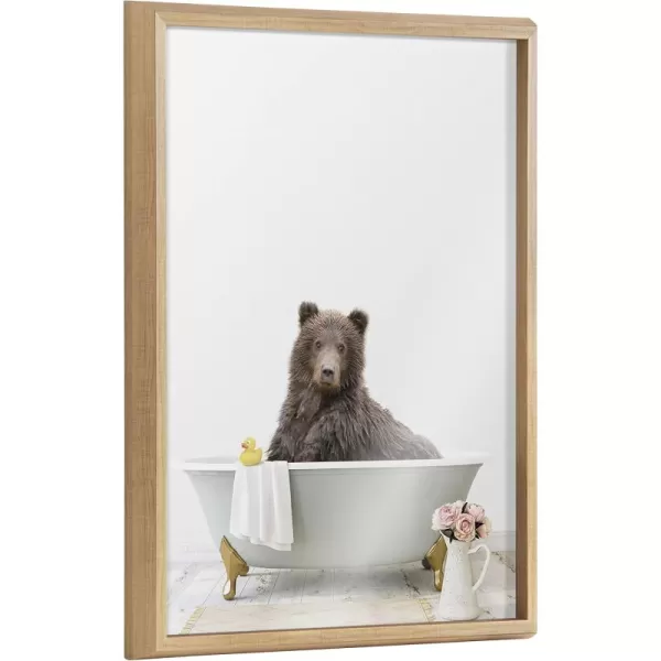 Kate and Laurel Blake Bear Cottage Bathroom Framed Printed Glass Wall Art by Amy Peterson Art Studio 18x24 Natural Decorative Animal Bath Art for Wall