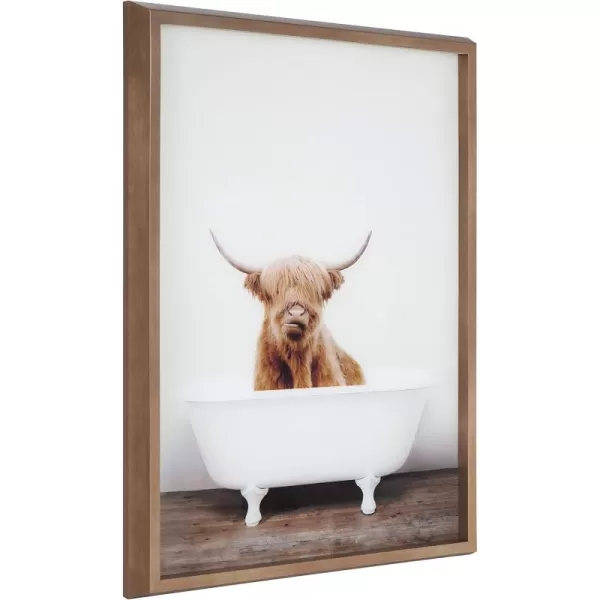 Kate and Laurel Blake Highland Cow in Tub Framed Printed Glass Art by Amy Peterson 18x24 Dark Gold Beautiful Modern Glass Wall Art for HomeGold