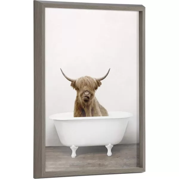 Kate and Laurel Blake Highland Cow in Tub Framed Printed Glass Art by Amy Peterson 18x24 Dark Gold Beautiful Modern Glass Wall Art for HomeGrey