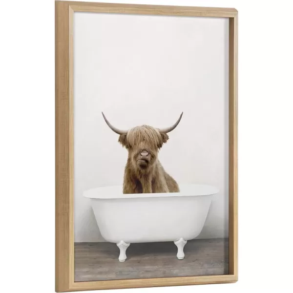 Kate and Laurel Blake Highland Cow in Tub Framed Printed Glass Art by Amy Peterson 18x24 Dark Gold Beautiful Modern Glass Wall Art for HomeNatural