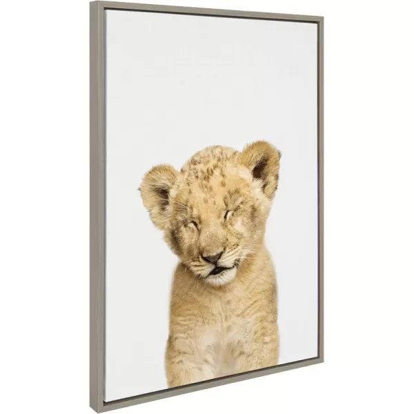 Kate and Laurel Sylvie Animal Studio Sleepy Lion Framed Canvas Wall Art by Amy Peterson Art Studio 18x24 Natural Whimsical Fun Animal Nursery Art for WallGray