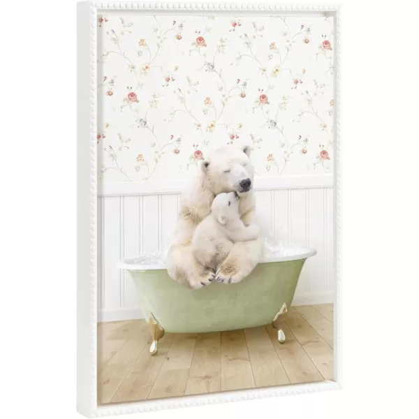 Kate and Laurel Sylvie Beaded Mother and Baby Polar Bear in Country Cottage Bath Vintage Framed Canvas Wall Art by Amy Peterson 18x24 White Modern Cute Animal Bathtub Art for Wall