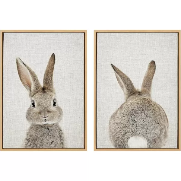 Kate and Laurel Sylvie Bunny Portrait on Linen and Bunny Tail on Linen Framed Canvas Wall Art Set by Amy Peterson Art Studio 2 Piece 23x33 Bright Gold Cute Animal Art for WallNatural