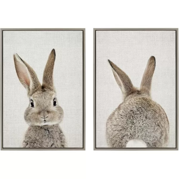 Kate and Laurel Sylvie Bunny Portrait on Linen and Bunny Tail on Linen Framed Canvas Wall Art Set by Amy Peterson Art Studio 2 Piece 23x33 Bright Gold Cute Animal Art for WallGray