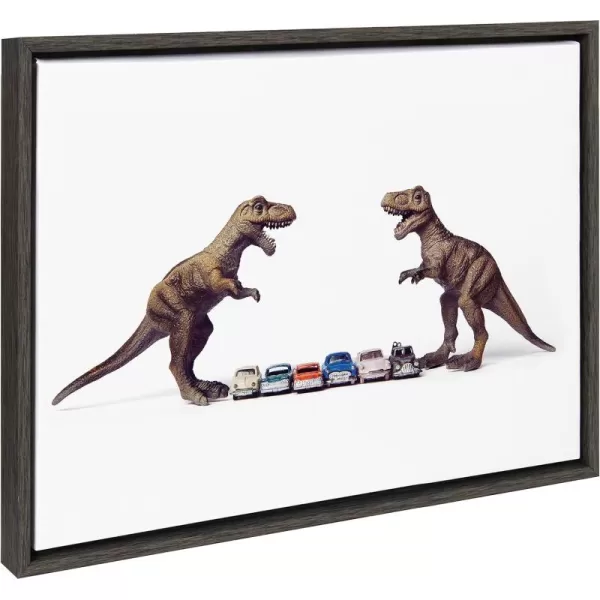 Kate and Laurel Sylvie Dino Cars Faceoff Framed Canvas Wall Art by Saint and Sailor Studios 18x24 Natural Modern Colorful Car Toys Art for WallGray