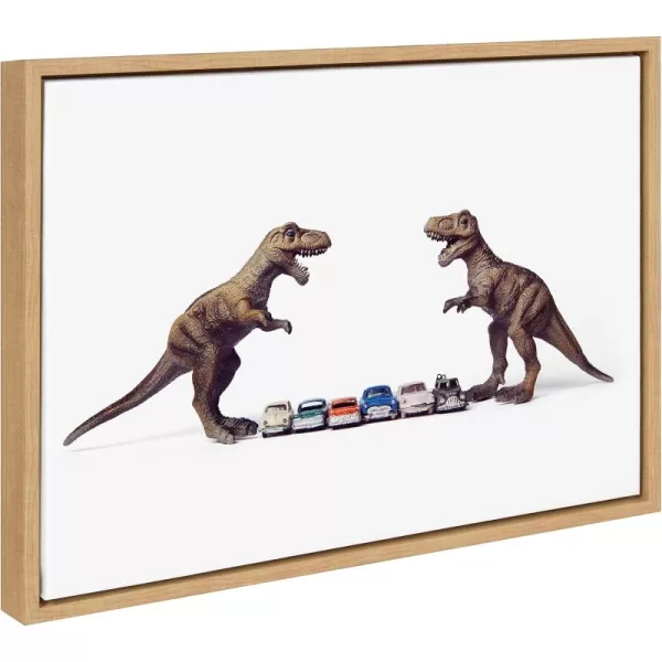 Kate and Laurel Sylvie Dino Cars Faceoff Framed Canvas Wall Art by Saint and Sailor Studios 18x24 Natural Modern Colorful Car Toys Art for WallNatural