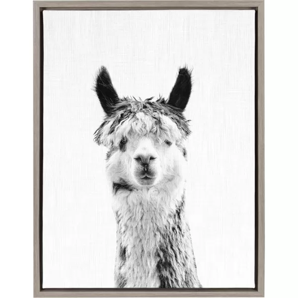 Kate and Laurel Sylvie Llama Black and White Portrait Framed Canvas Wall Art by Simon Te Tai 18x24 Gray