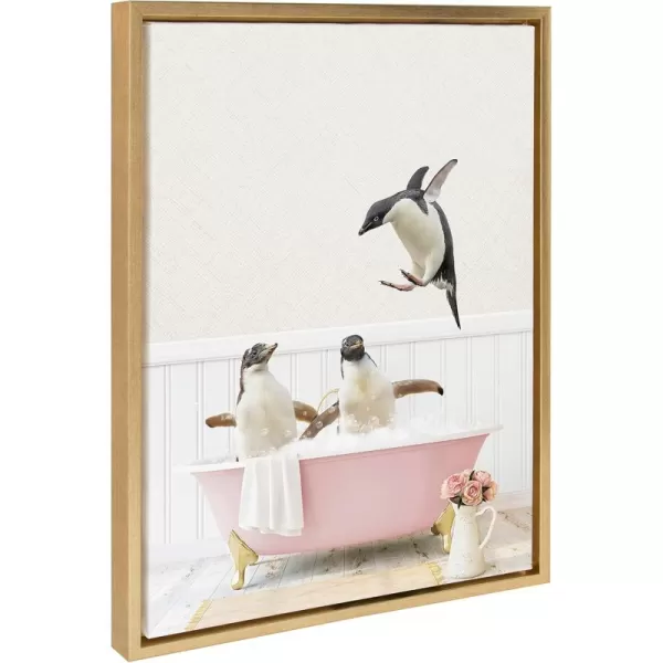Kate and Laurel Sylvie Penguins Playing in Cottage Rose Bath Framed Canvas Wall Art by Amy Peterson Art Studio 18x24 Gold Modern Fun Decorative Bathtub Wall Art for Home DcorGold