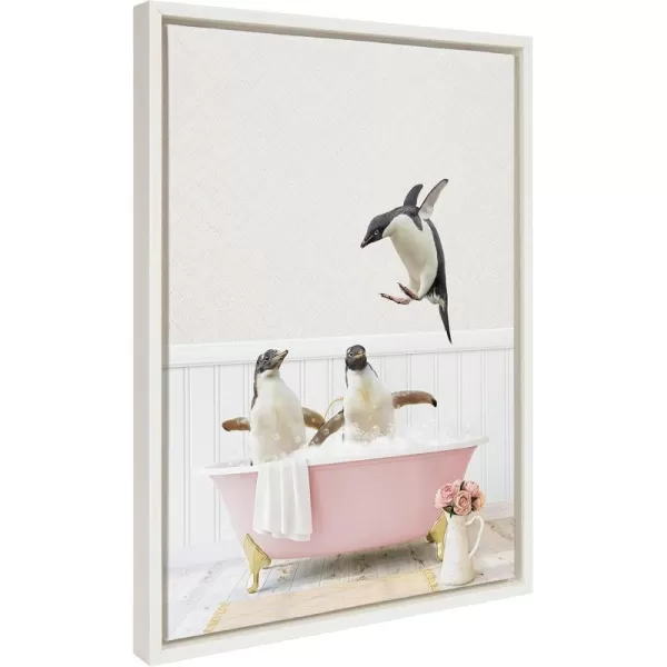 Kate and Laurel Sylvie Penguins Playing in Cottage Rose Bath Framed Canvas Wall Art by Amy Peterson Art Studio 18x24 Gold Modern Fun Decorative Bathtub Wall Art for Home DcorWhite