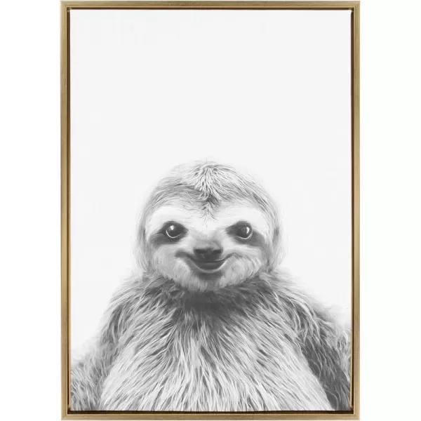 Kate and Laurel Sylvie Sloth Animal Print Black and White Portrait Framed Canvas Wall Art by Simon Te Tai 23x33 NaturalGold