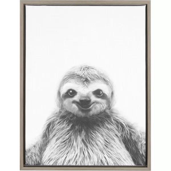 Kate and Laurel Sylvie Sloth Animal Print Black and White Portrait Framed Canvas Wall Art by Simon Te Tai 23x33 NaturalGrey