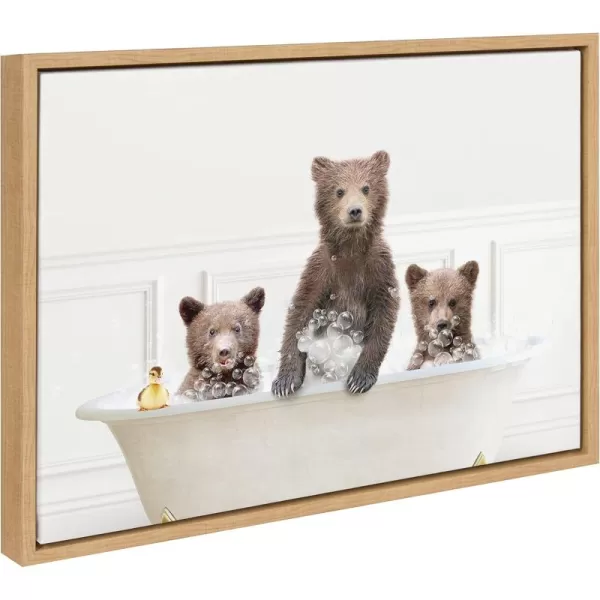 Kate and Laurel Sylvie Three Bears In Bubble Bath Neutral Style Framed Canvas Wall Art by Amy Peterson Art Studio 18x24 Natural Adorable Woodland Animal Art for WallNatural