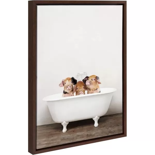 Kate and Laurel Sylvie Three Little Pigs in Vintage Bathtub Framed Canvas Wall Art by Amy Peterson 18x24 Natural Baby Animal Art for WallBrown