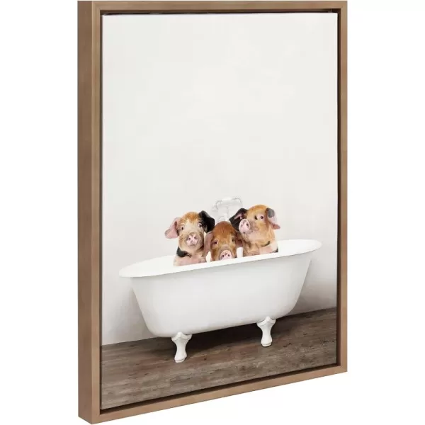 Kate and Laurel Sylvie Three Little Pigs in Vintage Bathtub Framed Canvas Wall Art by Amy Peterson 18x24 Natural Baby Animal Art for WallGold