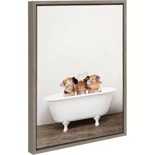 Kate and Laurel Sylvie Three Little Pigs in Vintage Bathtub Framed Canvas Wall Art by Amy Peterson 18x24 Natural Baby Animal Art for WallGray